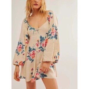 Free People Francesca Floral-Print Mini Dress Boho Beige Long Sleeve Size M